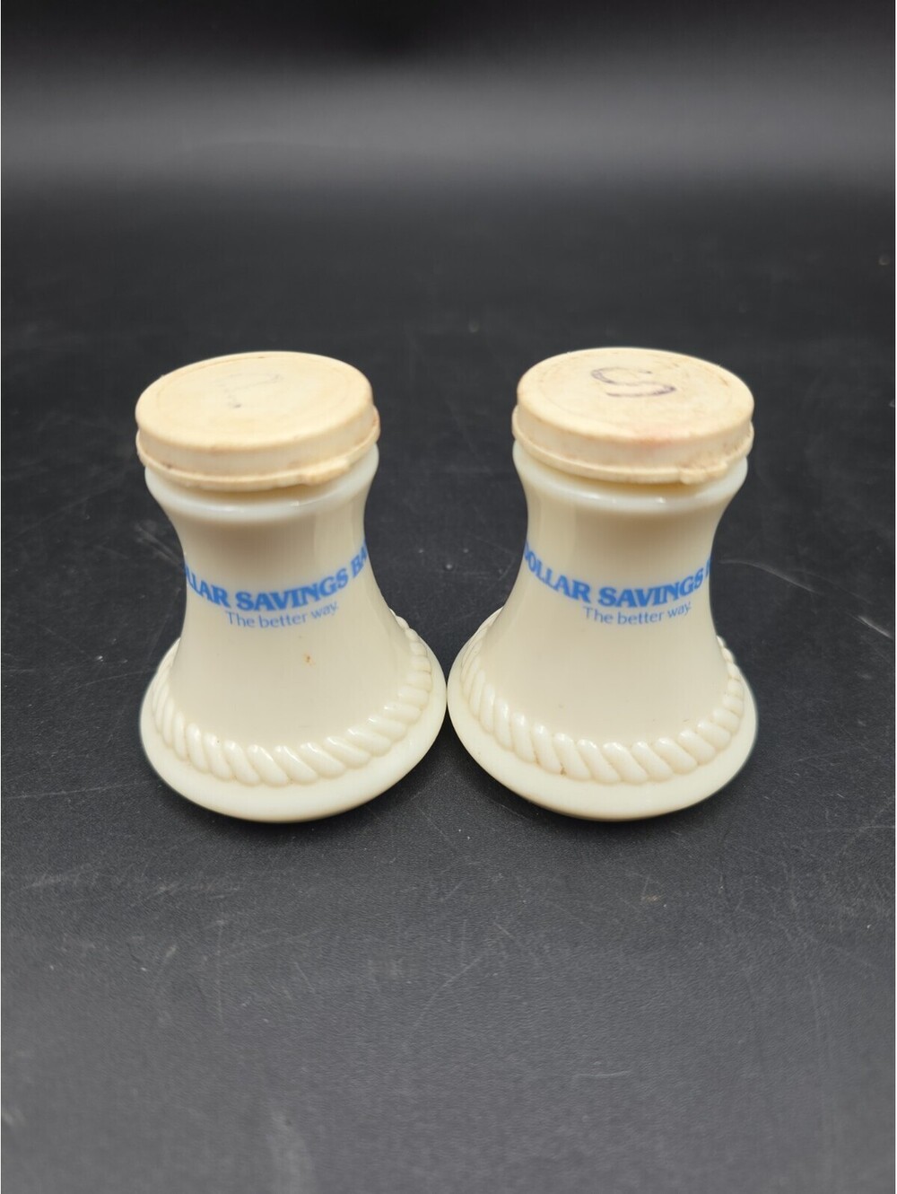 Box #1 Vintage Dollar Savings Bank Advertisement Milk Glass Salt Pepper Shakers